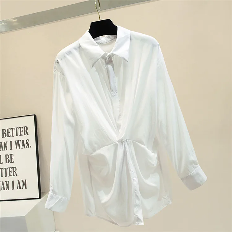 Осень длинный рукав Blusas Женская Осенняя новая рубашка с отворотом и перекрестным бантом Женская длинная дизайнерская рубашка белые рубашки Nancylim Топы