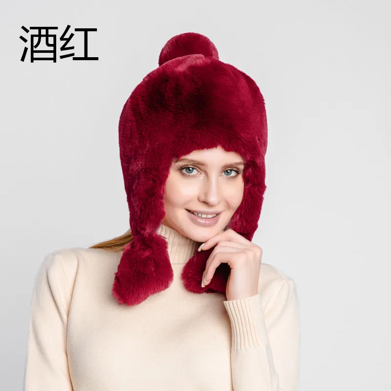 Мужская и женская шапка-бомбер уличная зимняя утолщенная теплая шапка с подкладкой из искусственного меха с ушками Лыжные шапки подарок - Цвет: wine red