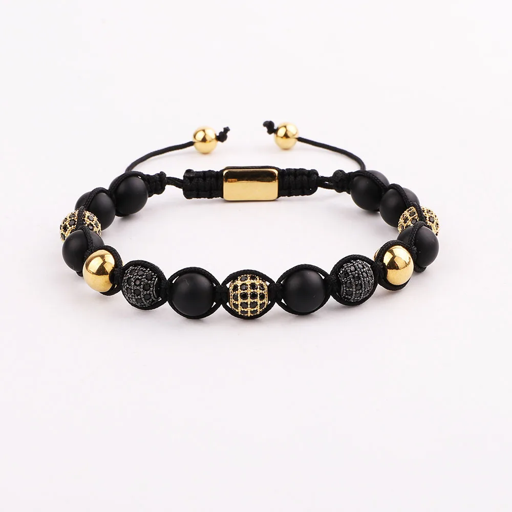 High Quality Men Jewelry Gold Stainless Steel Roman Cuff Bangle Natural Stone Macrame Bracelet Set Men - Image 3