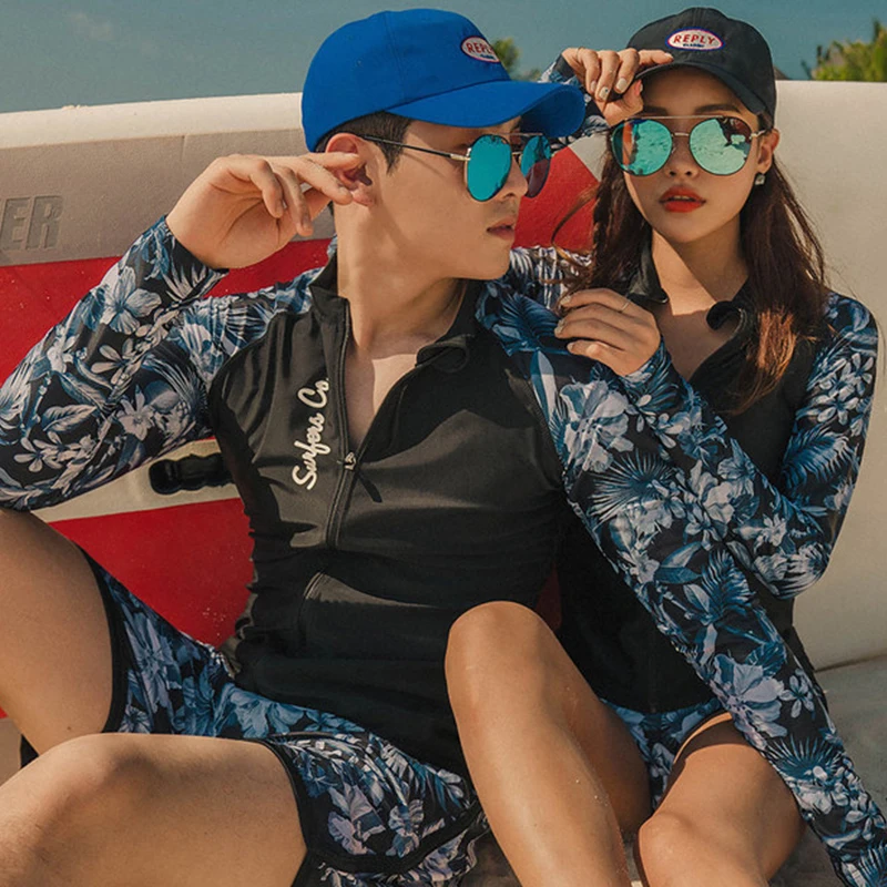 Couples Rashguard swimwear women men solid blue print sportsuit bathing suit long sleeve front zipper shorts bathing suit