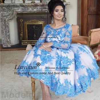 

2020 Elegant Prom Dresses Tea-Length Long Sleeve Appliques Beading Plus Size Sexy Short Party Gowns Cheap Evening Wear Gowns