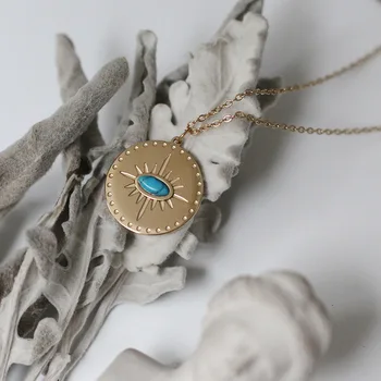 

Amaiyllis National Style Turquoise Eye Demon Eye Coin Clavicle Necklace Pendants For Female Autumn Sweater Chain Jewelry