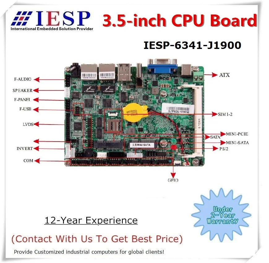 3.5 inch industrial embedded CPU board, J1900 CPU, 6*RS232, 10*USB, Support VGA, HDMI, LVDS, industrial motherboard