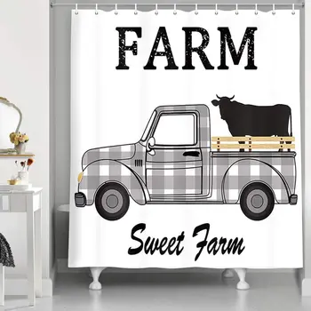 

Black and White Buffalo Plaid Farmhouse Shower Curtain, Farm Sweet Farm Animals Cute Cow on Rustic Truck Car
