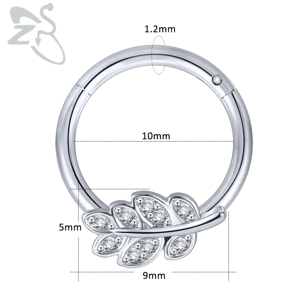 ZS женские кольца из нержавеющей стали, циркония, перегородки для носа, спиральный для хряща, раковины, Листьев, серьги для девушек, пирсинг, украшения для тела
