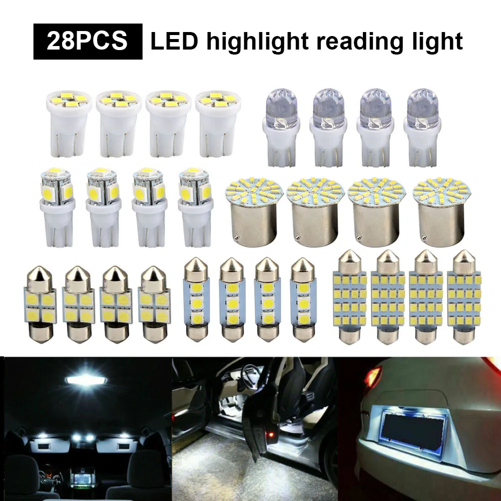 

NEW 28pcs Universal T10 Car LED Light Bulb White Car Interior Dome License Plate Festoon Map Reading Light Mixed Lamp Set