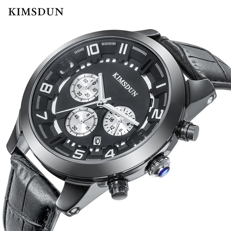 

KIMSDUN Men's Watches Stopwatch Date Luminous Hands Genuine Leather 30M Waterproof Clock Man Quartz Watches Men Fashion Watches