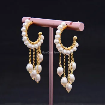 

GuaiGuai Jewelry Freshwater White Pearl Pearl Hoop Stud Dangle Chandelier Earrings