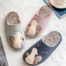 Mo Dou 2021 New Autumn/Winter Warm Plush Women Slippers Cute Squirrel Embroidery Soft TPR Sole Home Cotton Shoes Men Breathable
