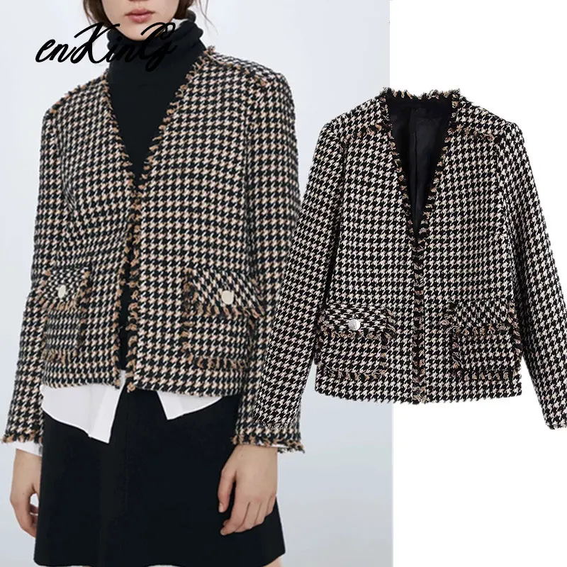 

2019 women elegant tweed short blazers notched collar tassel patchwork coats female outwear short tops mujer