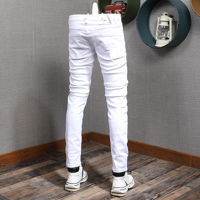 Summer Men's White Jeans Casual Cotton Slim Fit Straight Pants