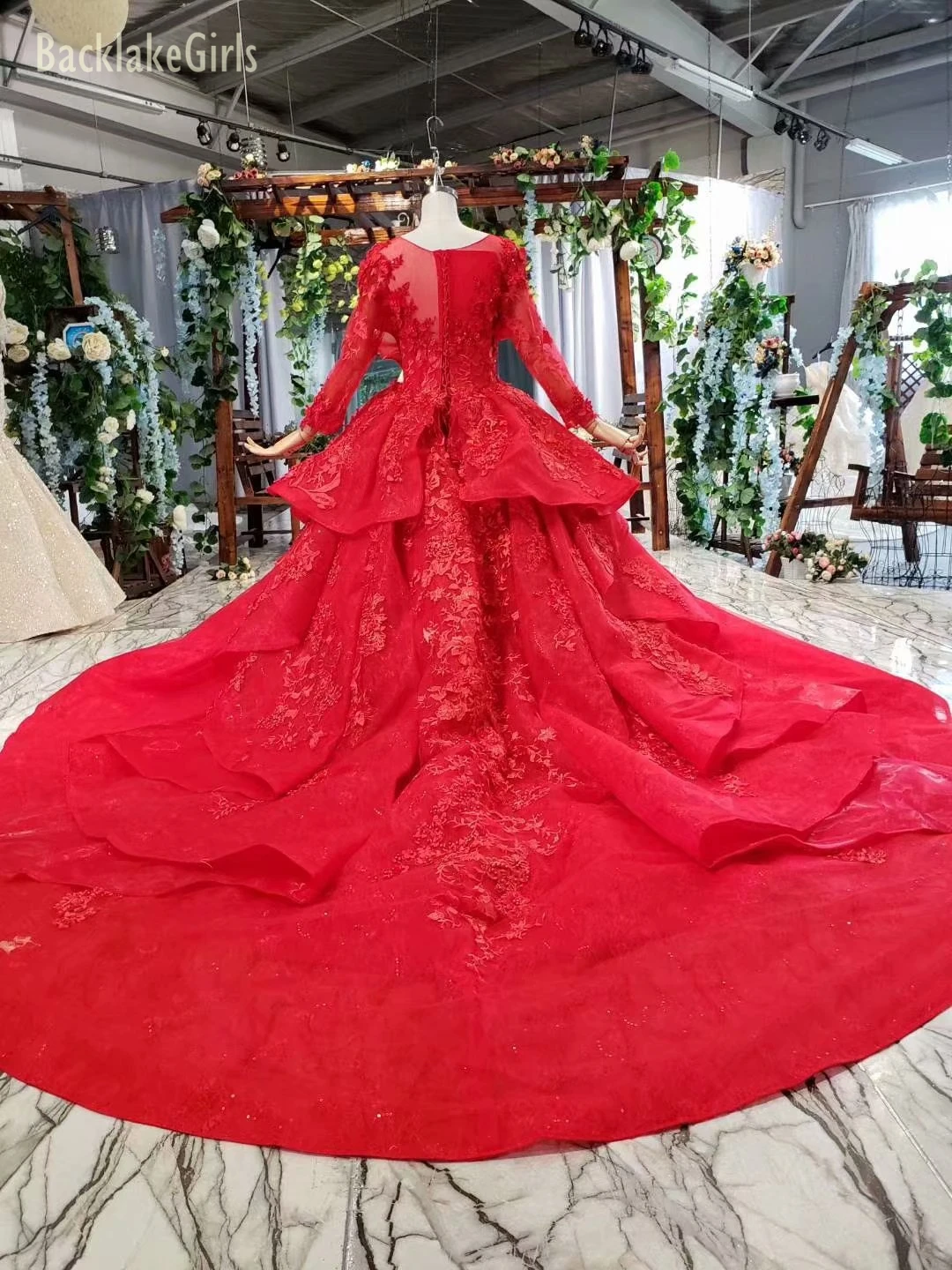 BacklakeGirls Vestido De Noiva красное иллюзионное платье с вышивкой сзади и длинными рукавами для невесты элегантное бальное платье Бальные платья