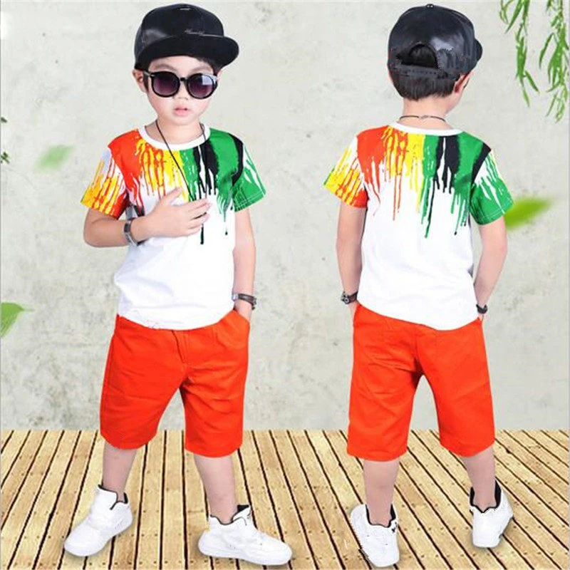 New Summer Boys Clothing Set Casual Hip-hop Stripe Colorful T-Shirt + Pants 2Pcs Suit Kindergarten Performance Kids Clothes