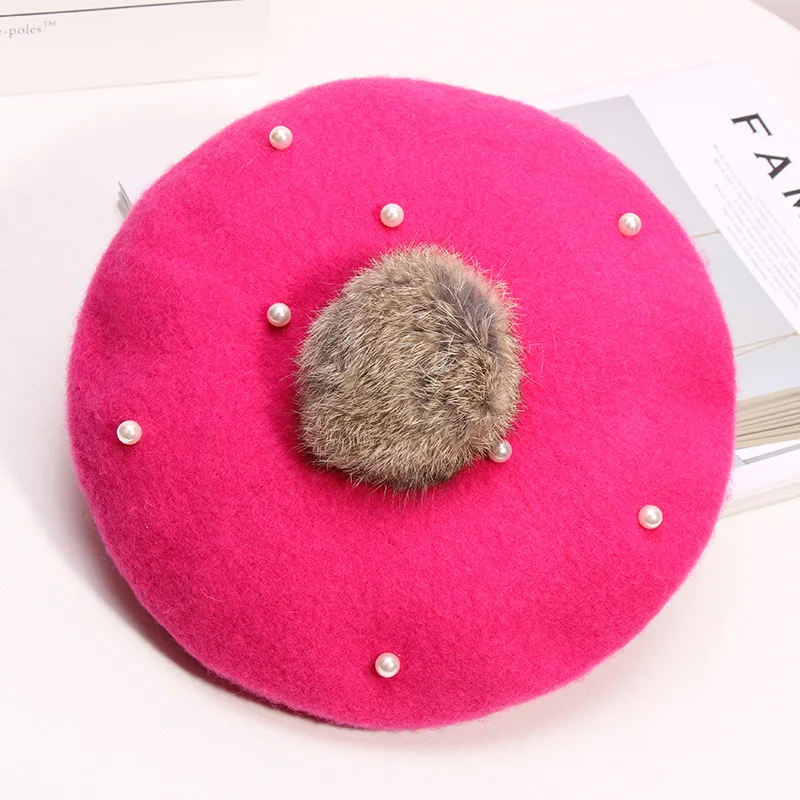 hot pink Натуральный мех Pom детская шляпа из шерсти помпон для маленьких девочек берет с жемчугом Классическая Детская французская шапка для девочек - Цвет: hot pink