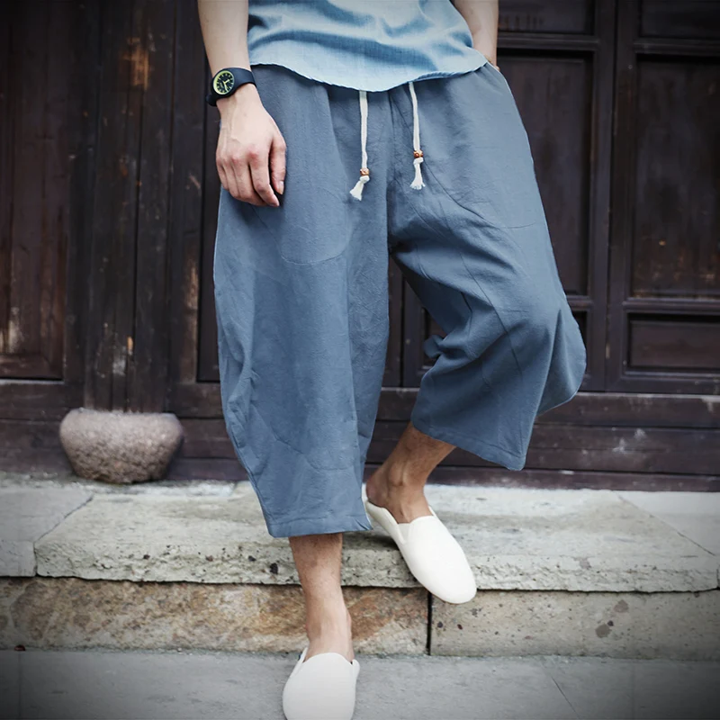 Wide Leg Pants Men Cotton Linen Baggy Hip Hop Bloomers Calf-Length