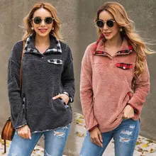 Женский зимний теплый Пушистый пуловер с капюшоном, клетчатая водолазка, свитшот на пуговицах, повседневный Топ с длинным рукавом