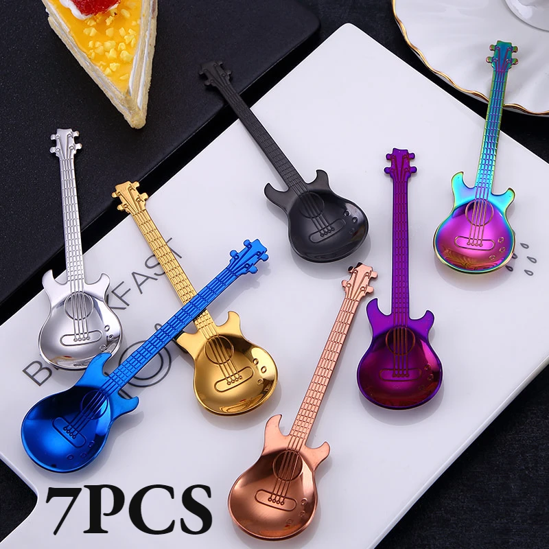 7 pz/set in acciaio inox chitarra cucchiaino cucchiaino da caffè creativo regalo di natale moda Bar stoviglie per dessert anguria