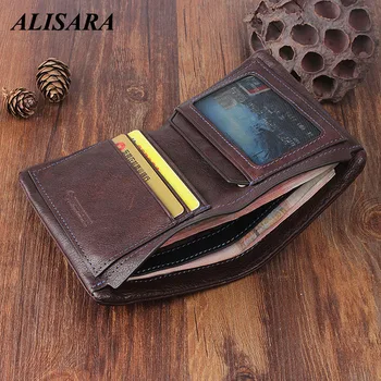

Alisara Men Wallet Genuine Leather Vertical Vintage Male Short Bifold Clutch Wallets Slim Handmade Small Women Purses Money Bag