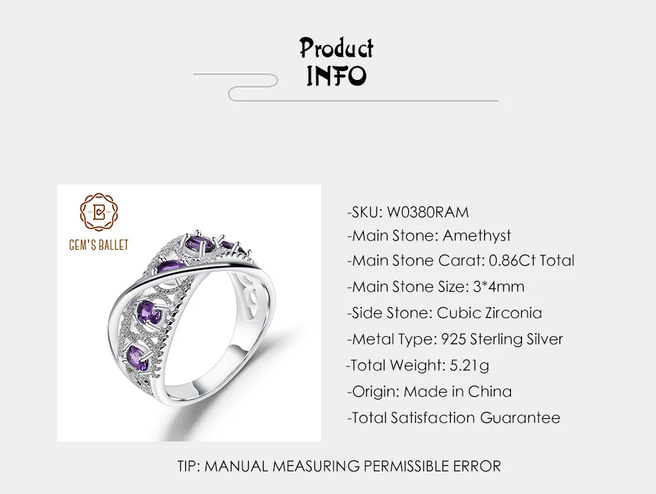 GEM'S BALLET 0.86Ct натуральный аметистовый драгоченный камень кольца на палец 925 пробы серебро обручальное кольцо для женщин камень ювелирные изделия