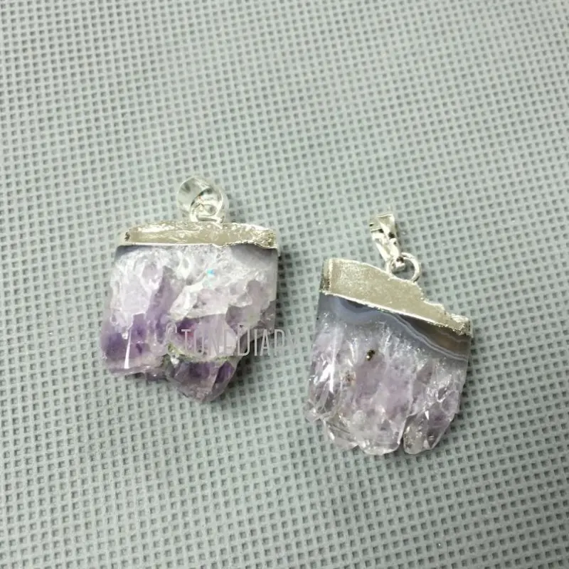 

PM1324 10pcs Purple Druzy Crystal Amethysts Slice Pendant Silver Plated Free Form Jewelry