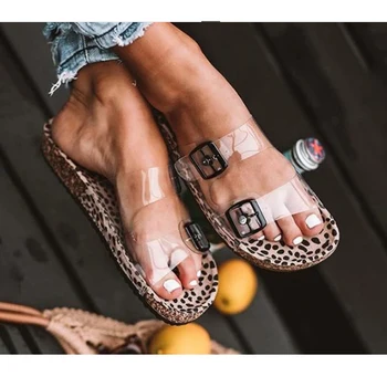 

Women Sandles Leopard Print Summer New Flat Bottom Transparent Outdoor Beache Slippers For Woman Casual Shoes Plus Size 2020