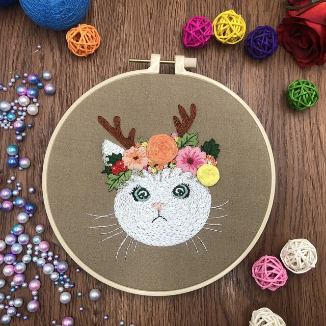 Animal World Embroidery Starter Kit for Beginners, Modern Embroidery Kits, Contains all Embroidery Tools, English Description Cat H