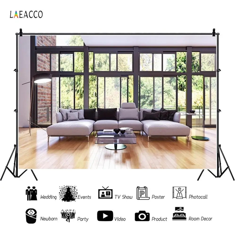 

Laeacco Modern Living Room Photography Backdrop Interior Scene Window Sofa Tree Wooden Floor Photo Background For Photo Studio