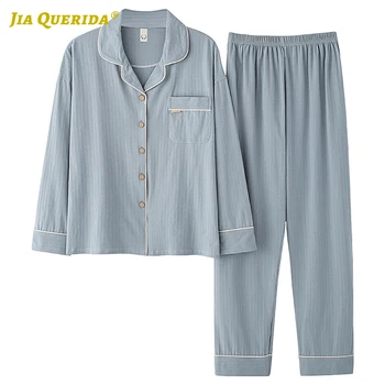 

Woman Button Ladies Solid Long Sleeve Long Pants Sleepwear Fashion Style Casual Style Woman Clothes Spring Autumn Blue Pj Set