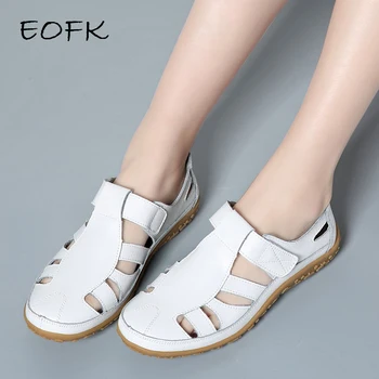 

EOFK New Fashion Women Gladiator Sandals Genuine Leather Soft bottom Summer Ladies Flat Beach Sandals Woman