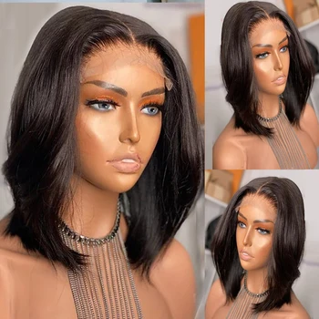 

Short Bob 4*4 Silk Base Full Lace Wig Invisible Silk Top straight Human Hair Wigs Glueless Pre Plucked and Bleached Remy180