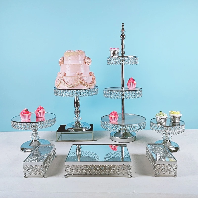 3pcs-15pcs Metal Electroplate Mirror Cake Stand Set Display gold silver crystal cupcake plate
