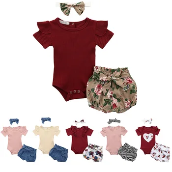 

Summer Kids Baby Girls Cotton Clothes Romper +Flower Printed Shorts+Headband Jumpsuit Set For Newborn