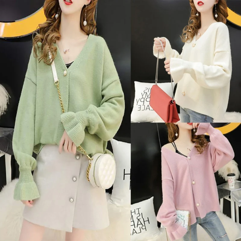 Korean Style Spring Autumn Sweet Loose Lazy Wind Button Knit Cardigan Pocket Jumper Sweater Long Lantern Sleeve Coat Women