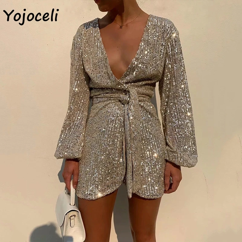Yojoceli, сексуальное женское платье с v-образным вырезом, с блестками, вечерние, Клубные, с бантом, мини-платье, шикарное, с блестками, платье на день рождения