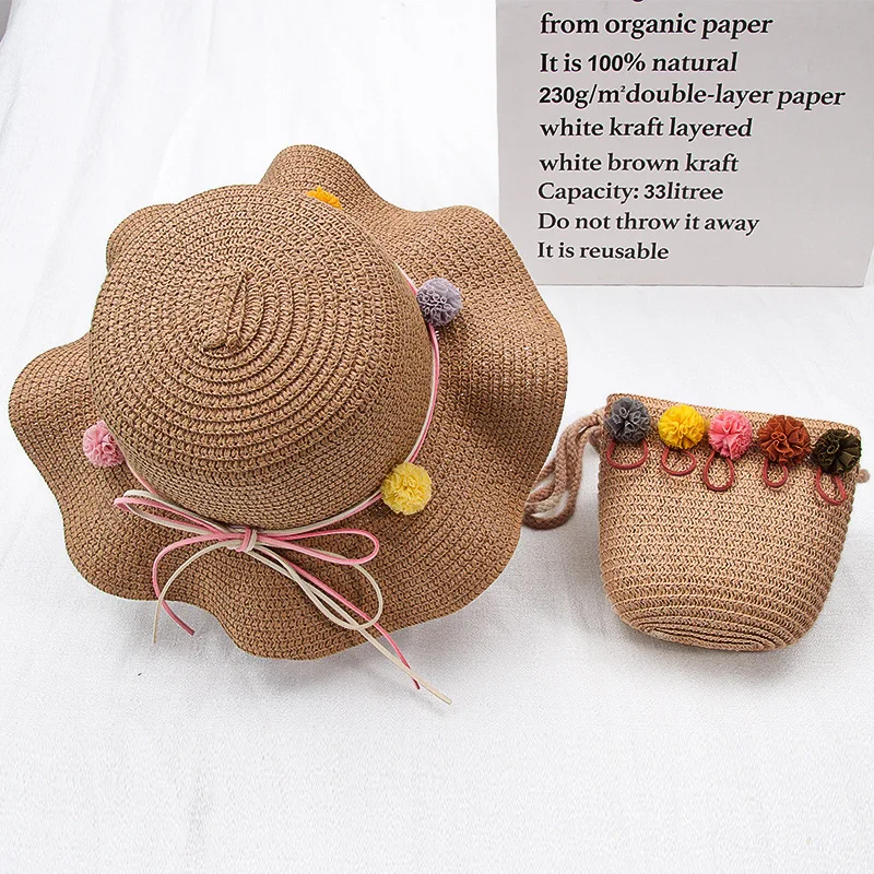 Girl kids Straw Hat Handbag Sets Child baby Outdoor travel holiday beach floppy hat bags set flower sun hat,sun protection hat