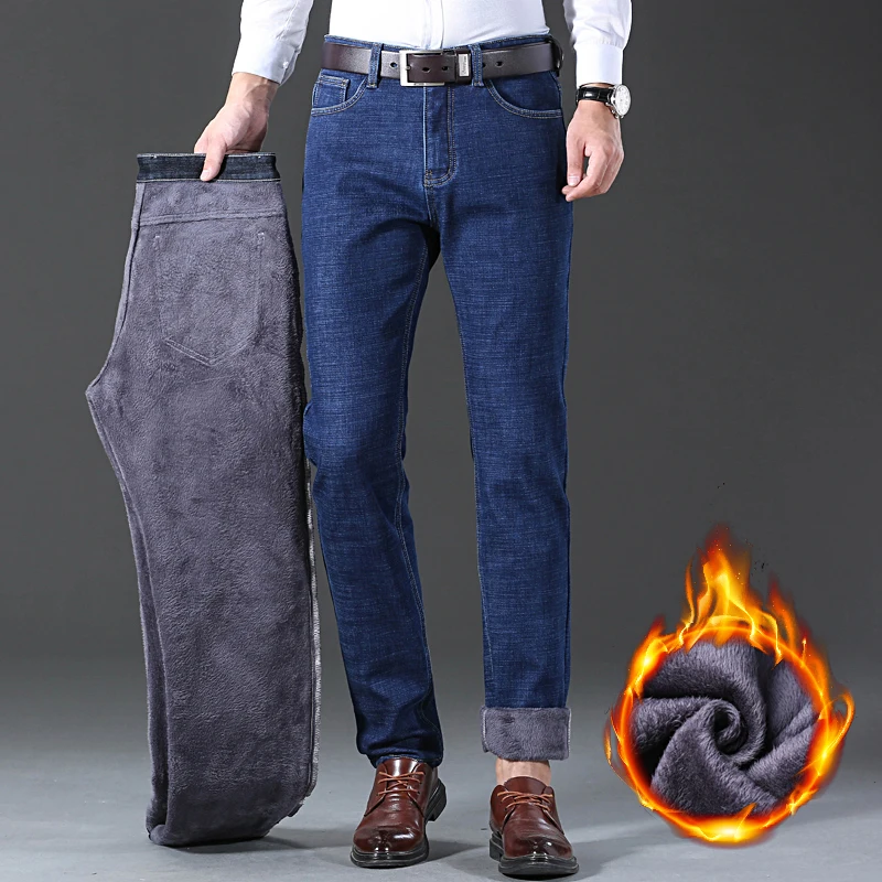 Winter Thermal Warm Flannel Stretch Jeans Mens Winter Quality Famous Brand Fleece Pants Straight Flocking Trousers Denim Jeans 5