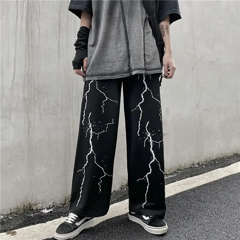 Men summer loose straight lightning print vintage sweatpants high street trousers-size male clothing wide leg pants,wide leg sweatpants