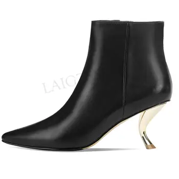 

LAIGZEM 2020 Celebrity Women Booties Metal Strange Heels Winter Boots Leather Suede Ladies Boots Shoes Botas Mujer Size 34 39