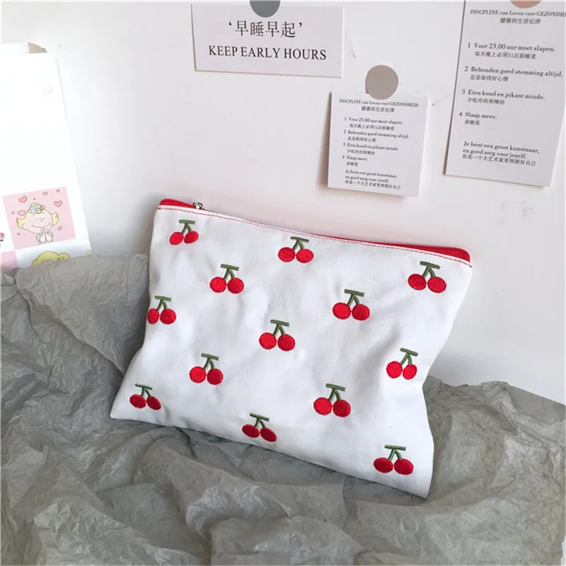 Canvas Cherry Embroidery Pencil Case