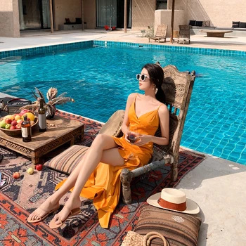 

Deep V Backless Long Dress Boho Strap Split Sexy Split Orange Dress Sleeveless Loose Summer Party Women Dresses Beach MM60LYQ