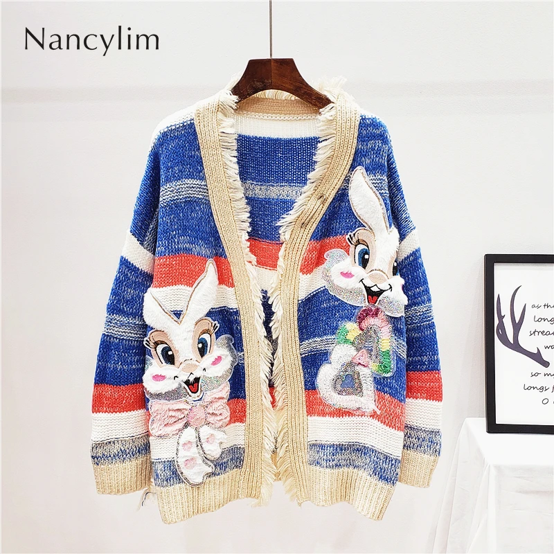 

2019 Autumn Winter New Cardigan Coat Women Cartoon Sequins Rabbit Open Sweater Loose Knitting Jacket Mujer Invierno 2019