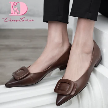 

Doratasia Hot Sale Genuine Cow Leather Pointed Toe Pumps Woman Shoes Slip On Chunky Heels Summer Shoes Women Pumps Female
