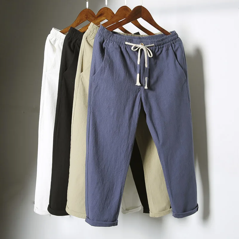 Produit le plus vendu en 2020 été coton et lin hommes neuf points pantalon tendance décontracté mince pantalon ample vêtements pour hommes|Casual Pantalon| - AliExpress