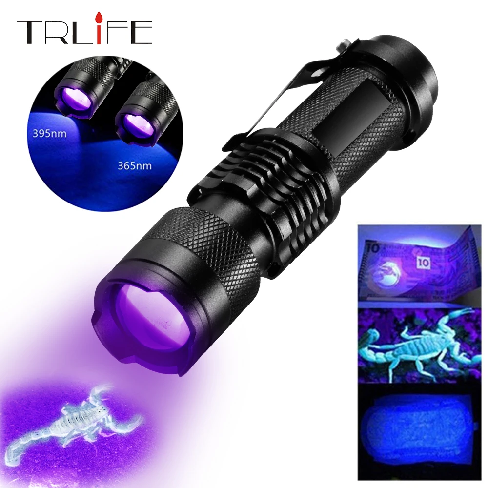 Strong UV Flashlight 365nm/395nm Ultra Violet Zoom Mini UV Black Light