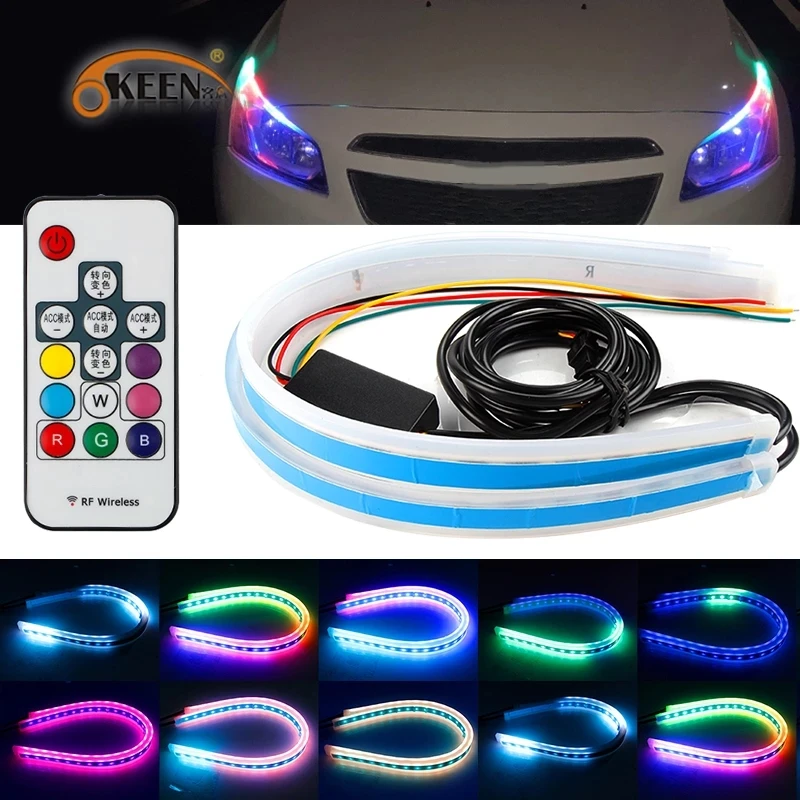 

2PCS Led Drl Daytime Running Light RGB Strip Sequential Flowing Turning Signal Light With Remote Control Car Styling Headlight