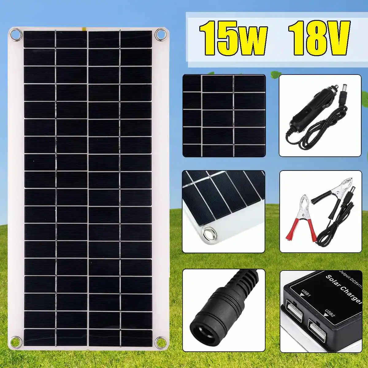 

15W 18V Solar Cell High Efficiency Solar Panel with Car Charger USB 5V Solar Controller for Outdoor Camping LED Light waterproof