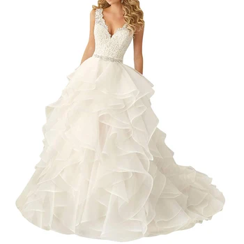 

Sexy Lace Deep V Neck Ruffle Wedding Dress Patterns A Line White Designer Sleeveless Bridal Wedding Gowns