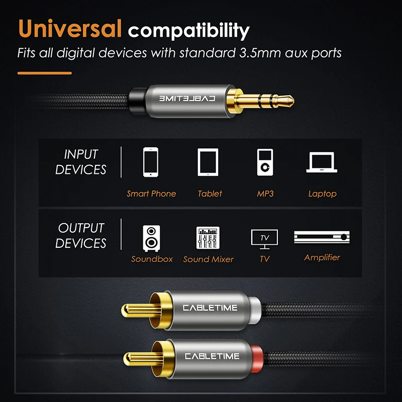 CABLETIME 3.5mm Jack to 2 RCA Cable M/M 3.5 RCA AUX Stereo Cable for DJ Amplifiers Subwoofer Audio Mixer Home Theater DVD C106