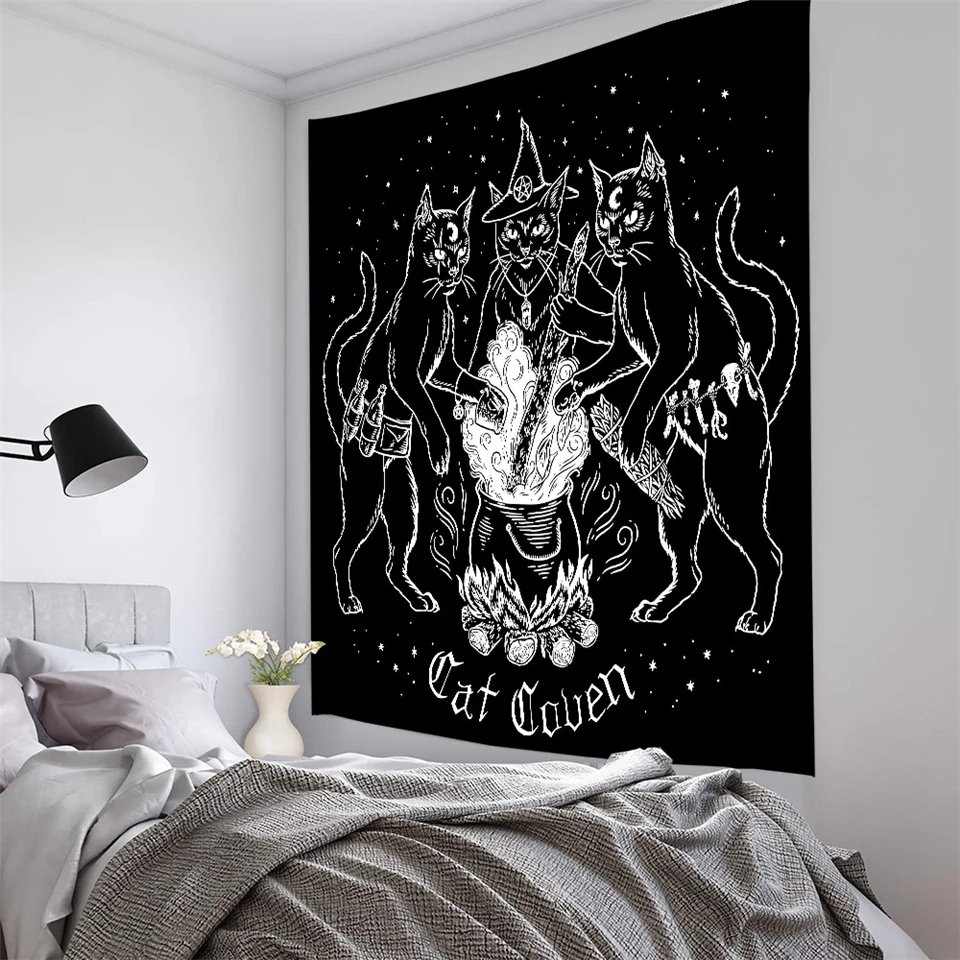Психоделический гобелен на стену, Таро, хиппи, луна, волк, кошка, колдовство, Декор, гобелены, индийская мандала, Настенный Ковер, одеяло
