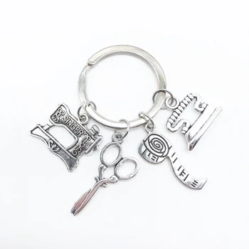 새로운 크리 에이 티브 패션 가위 재봉틀 테이프 측정 철 재단사 가게 키 체인 성격 기념 선물 키 체인